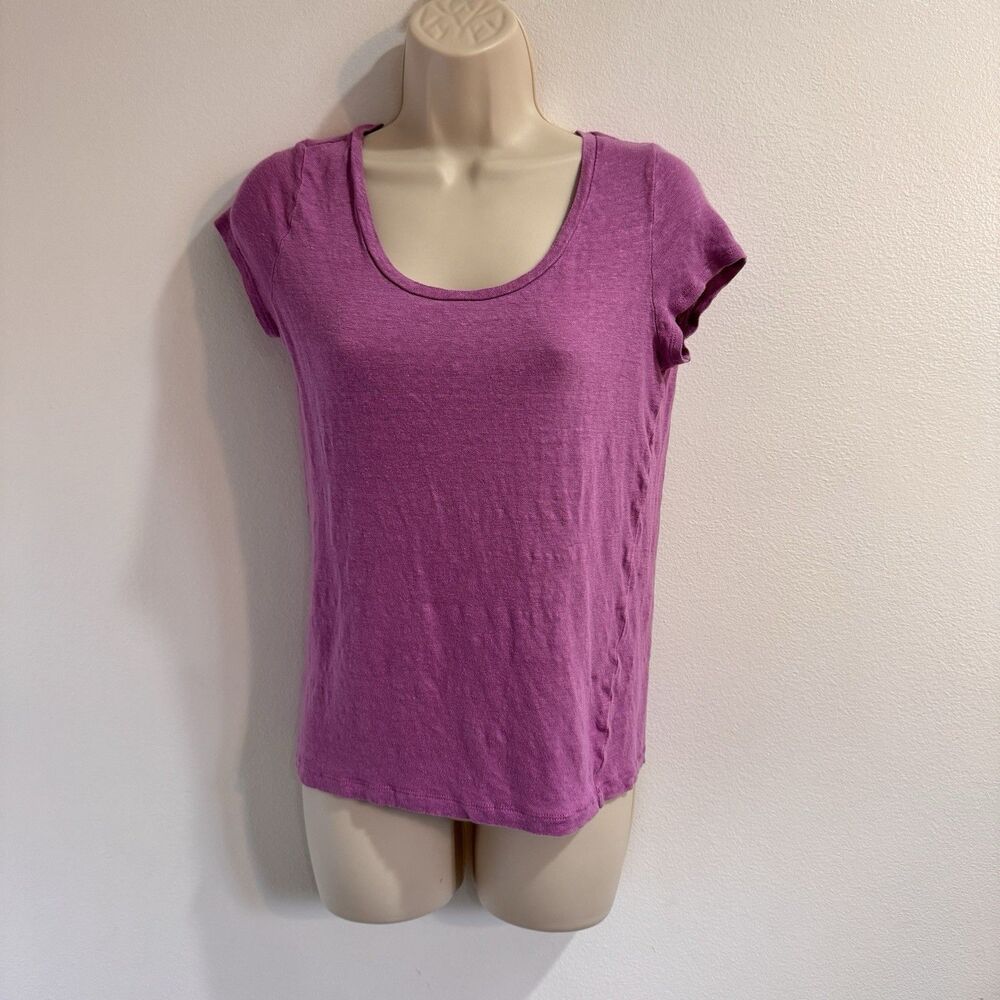 Ann Taylor LOFT T-shirt Blouse S 100% Linen Purple Pink Fuschia Scoop Neck
